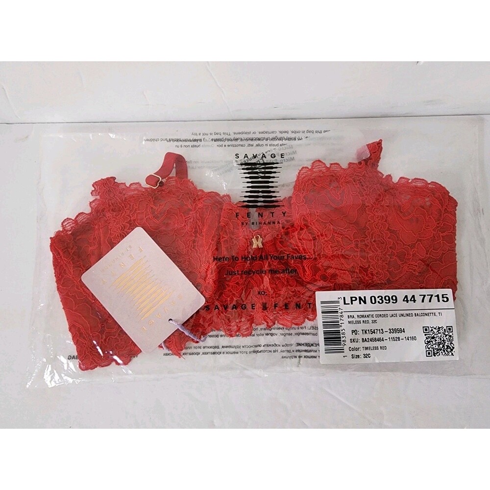 SAVAGE x FENTY Corded Lace Unlined Balconette Bra Red Timeless Women Sz 32C New
